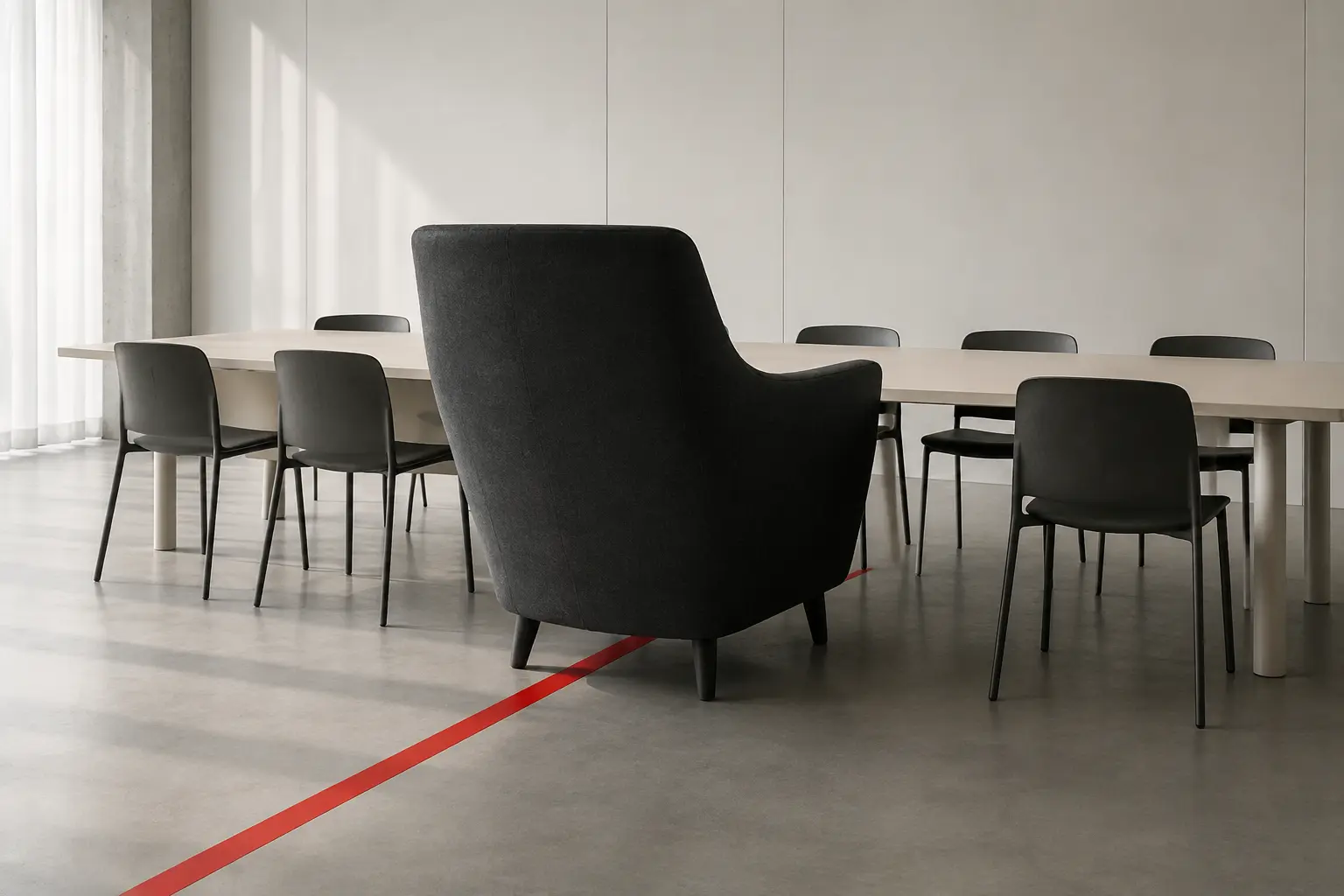 An empty boardroom with one tall chair pulled far forward into the center under a hard spotlight